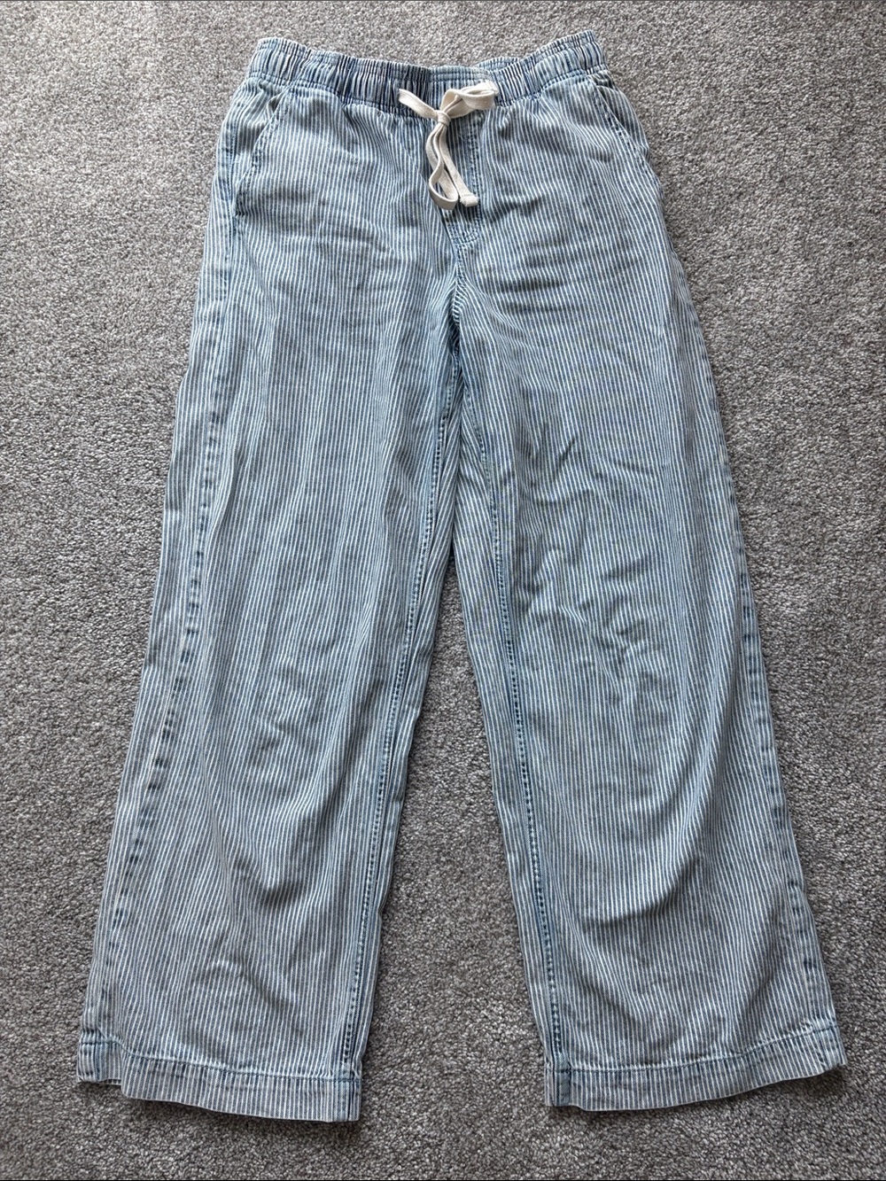 GAP Denim High-Rise Wide-Leg Striped Drawstring 100% Cotton Pants - Light Blue